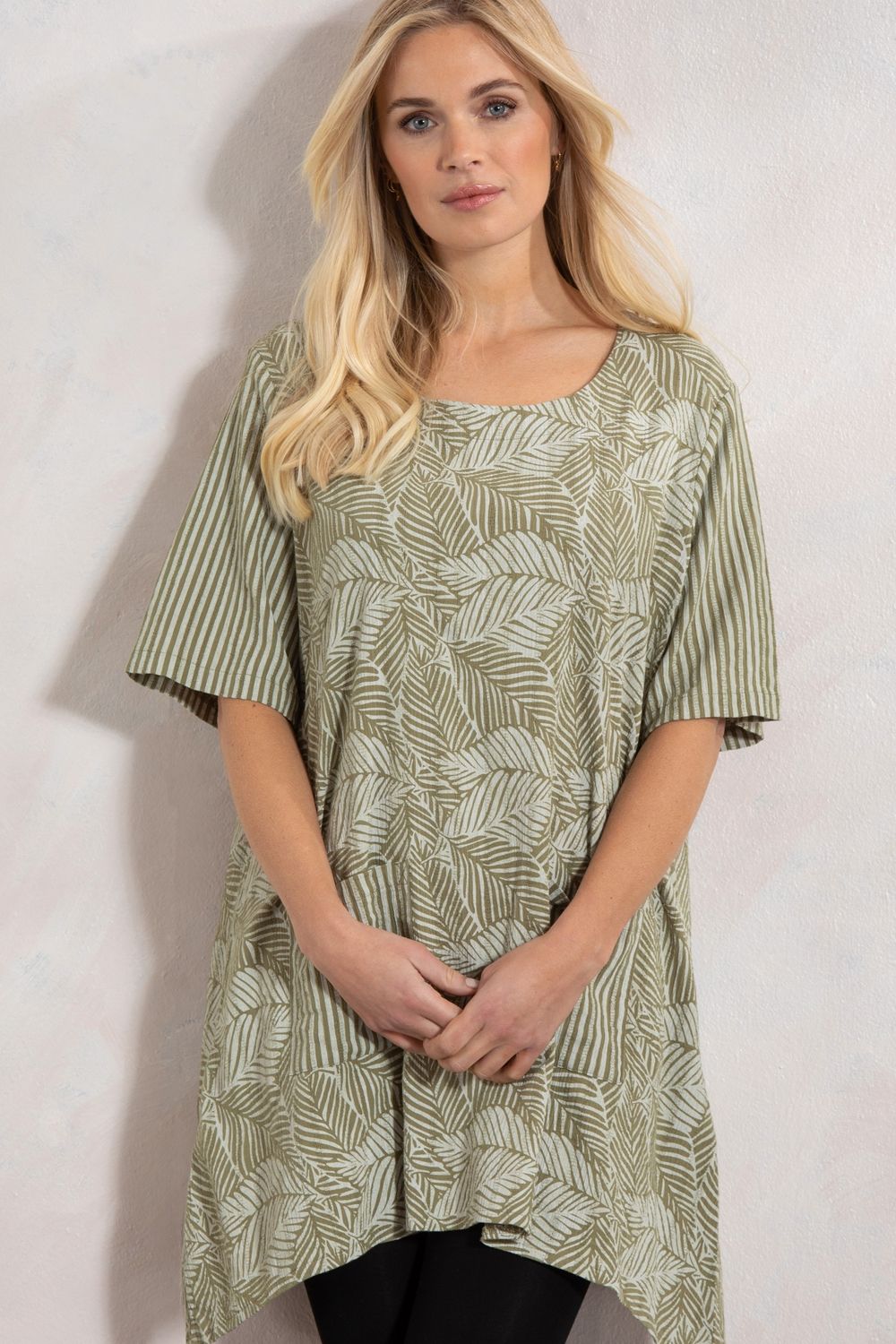 Klass. Leaf And Stripe Print Textured Tunic Top