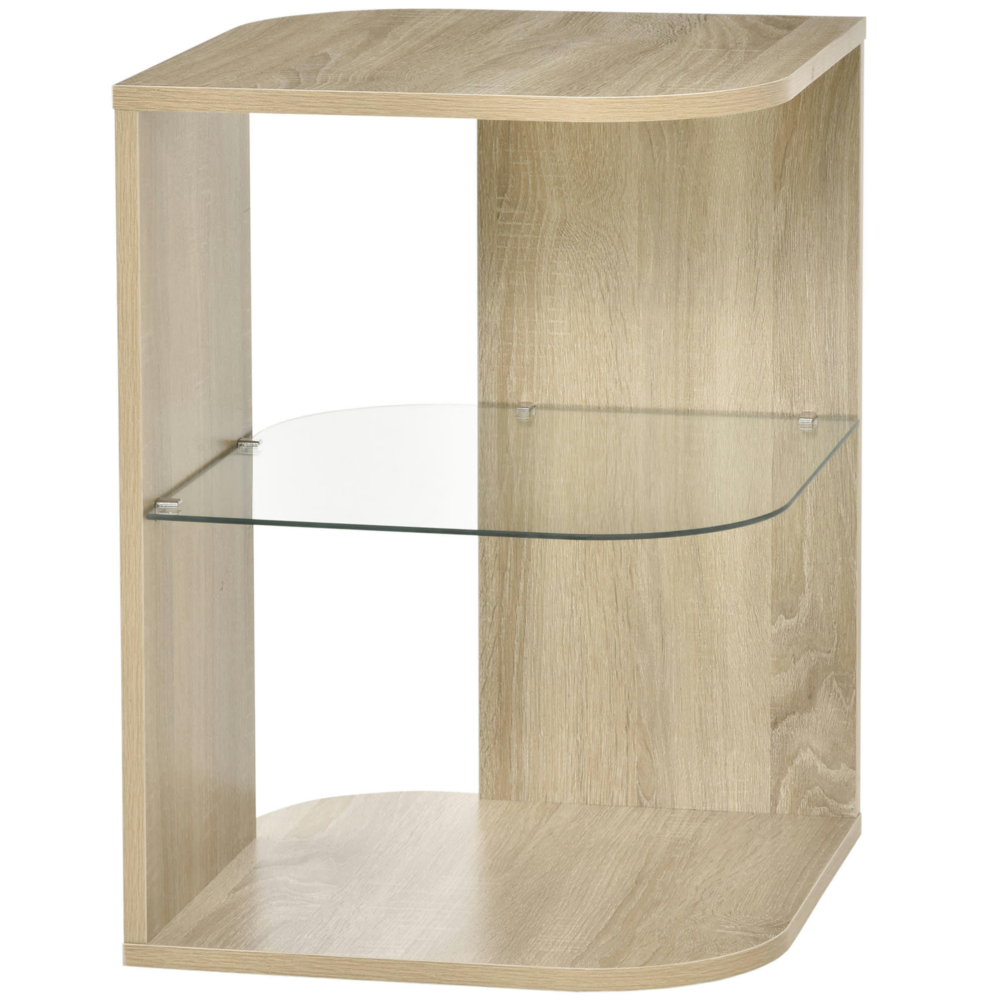 - Guéridon design contemporain étagère verre trempé aspect chêne clair
