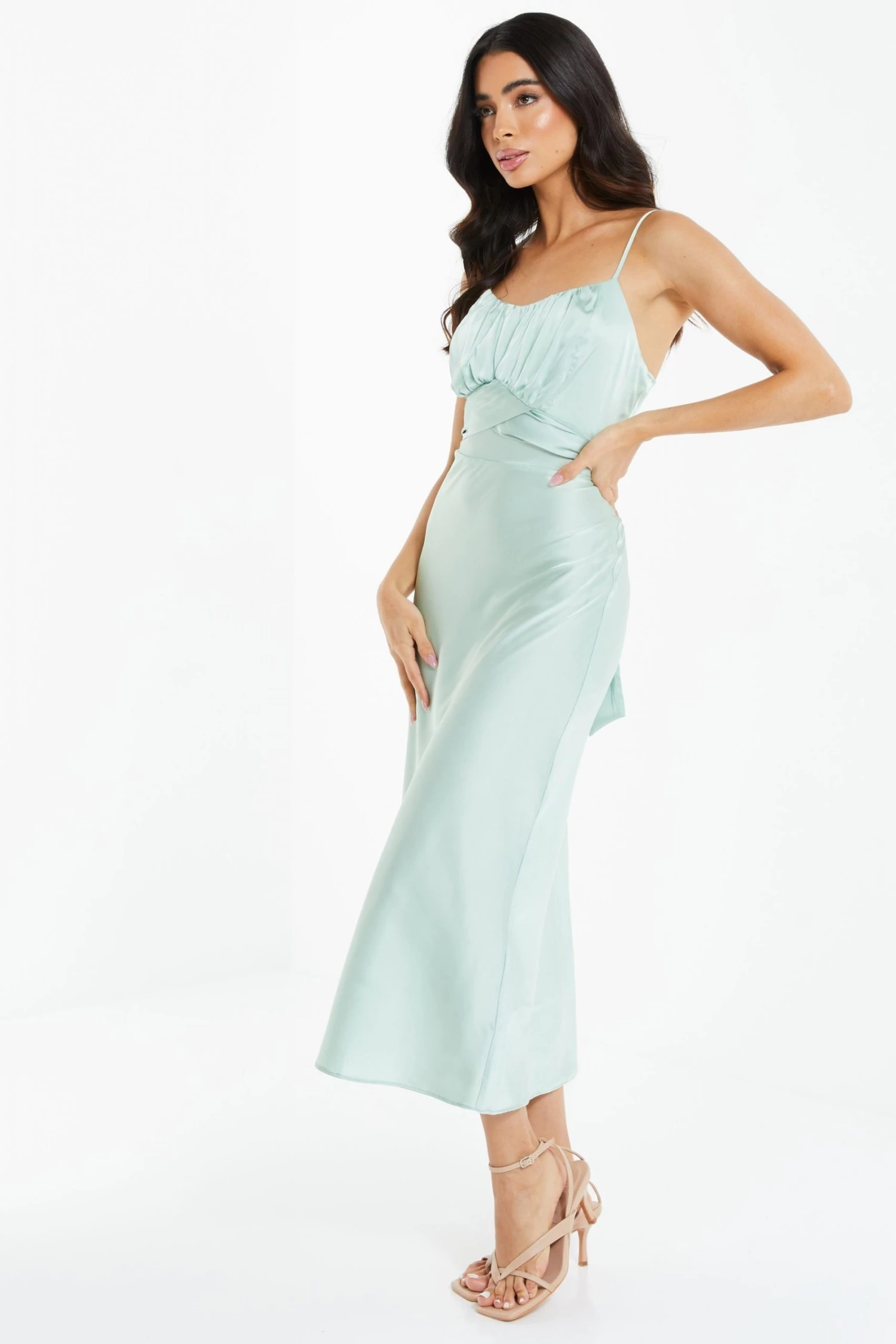 Quiz Sage Green Satin Tie Back Midi Dress