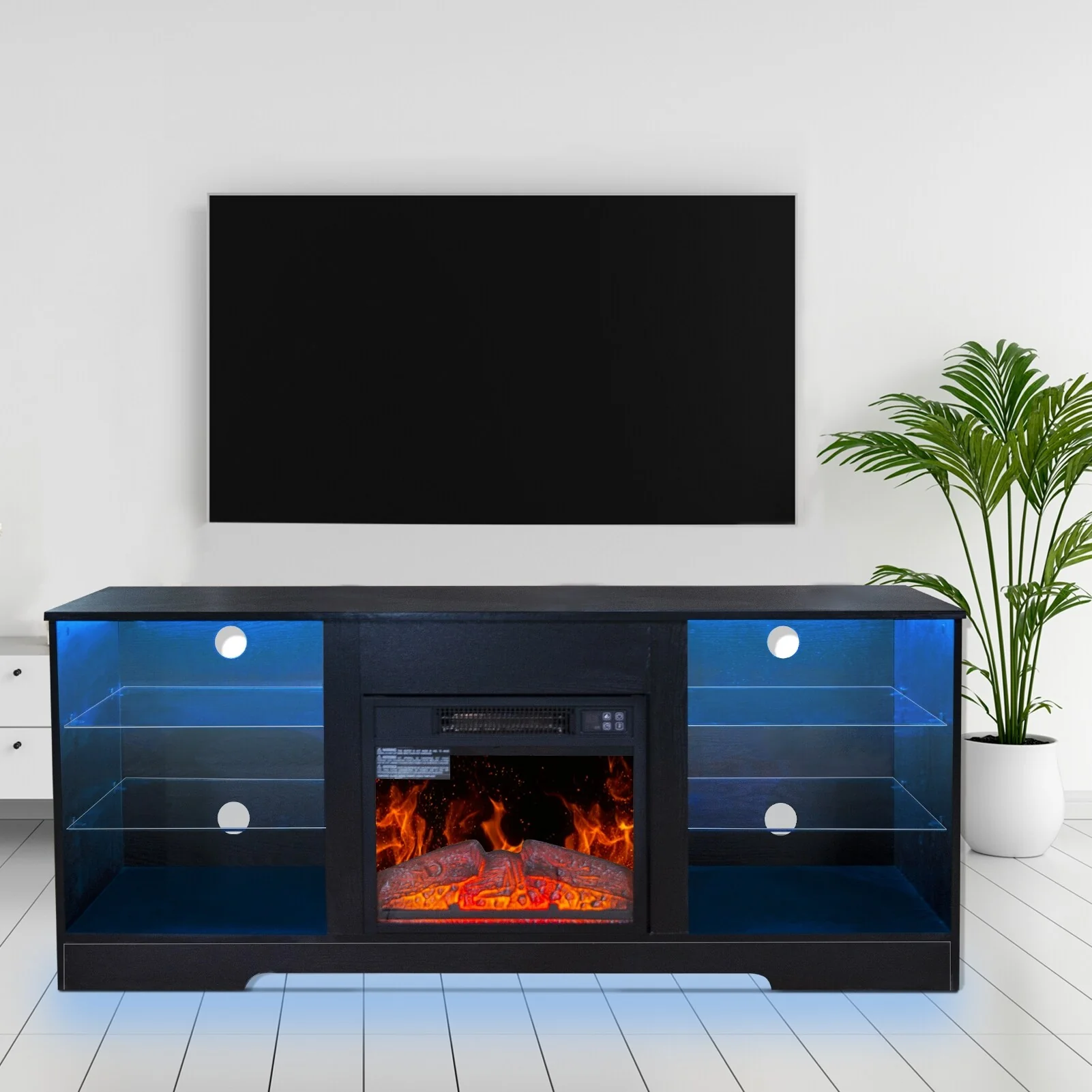 Black 57.8 Fireplace TV Stand with Adjustable Glass Shelves and 18 Inch Electric Fireplace Heater for TVs Up to 62