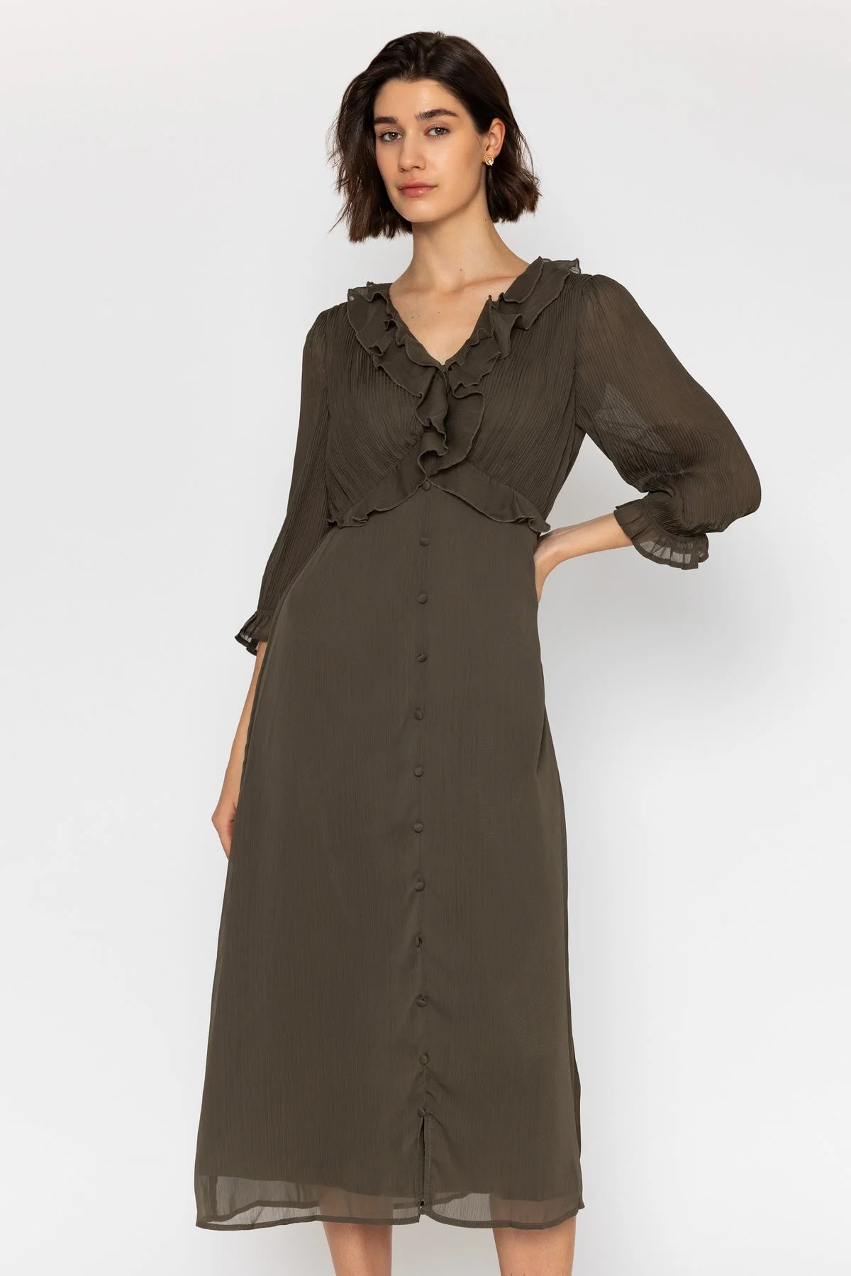 Khaki Chiffon Long Sleeve Midi Dress