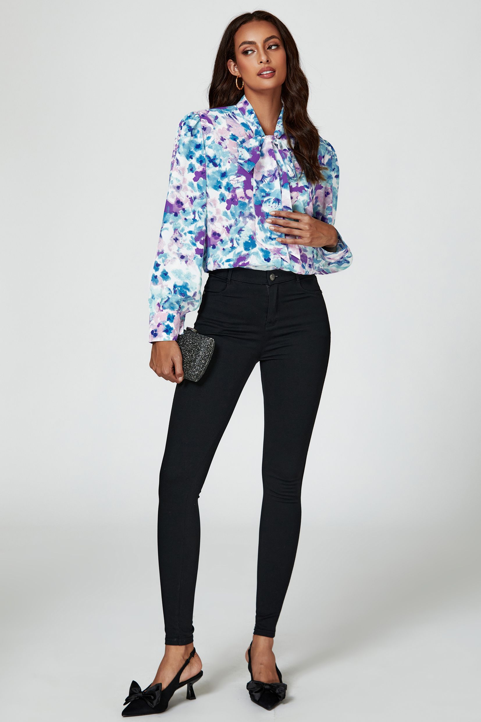 FS Collection Abstract Floral Print Tie Detail Long Sleeve Blouse Top In Blue