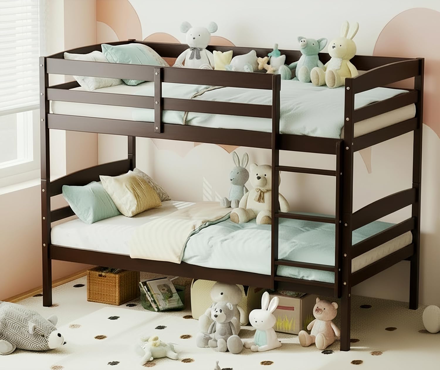 KOMFOTT Bunk Bed Twin Over Twin, Bunk Bed Frame w/Full-Length Guardrail & Integrated Ladder, Wood Bunk Bed for Small Space, Converts to 2 Individual Beds for Kids & Adults, No Box Spring Needed