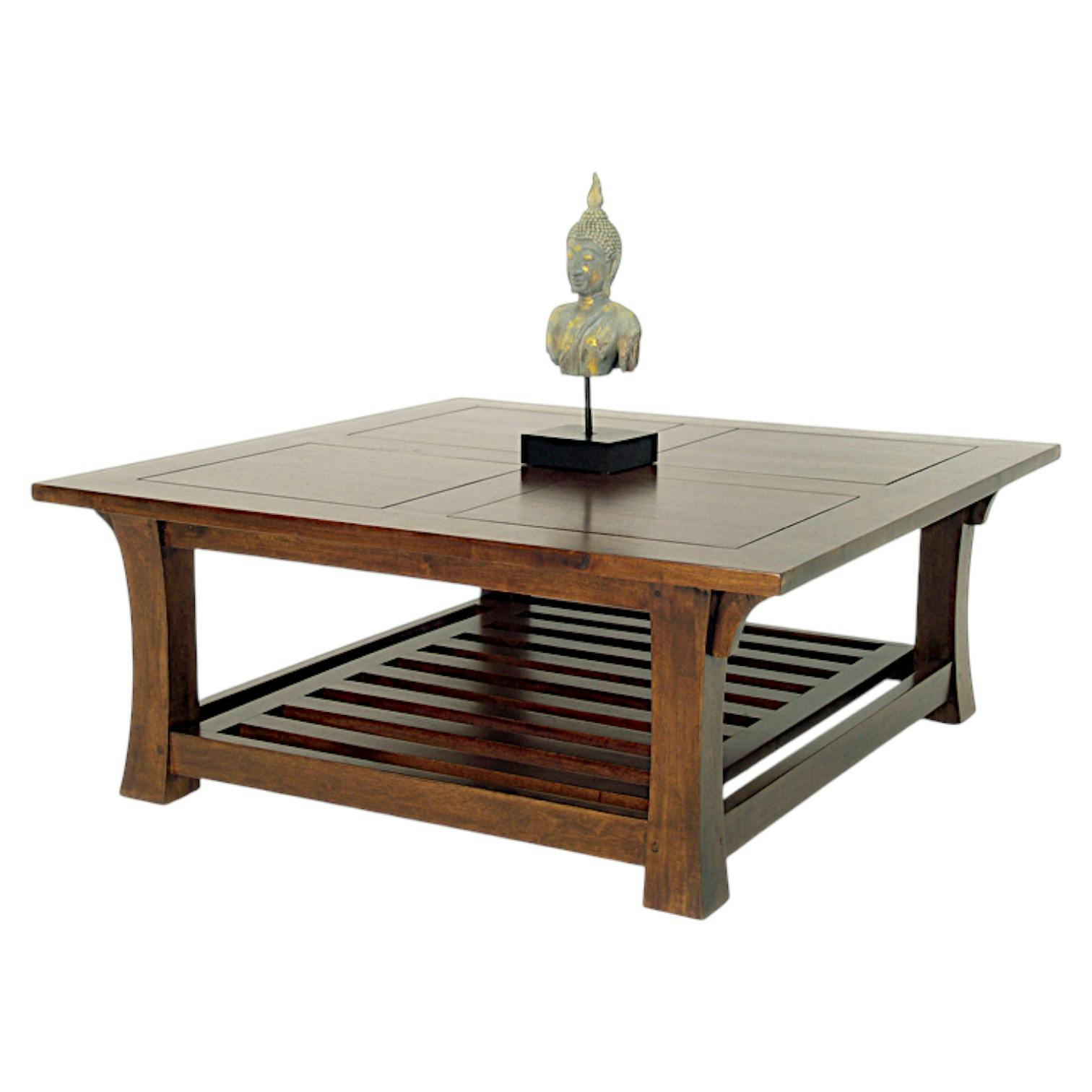 Table basse Chinoise Hévéa double plateaux - dont un ajouré - et pieds galbés 100x100x40cm MAORI