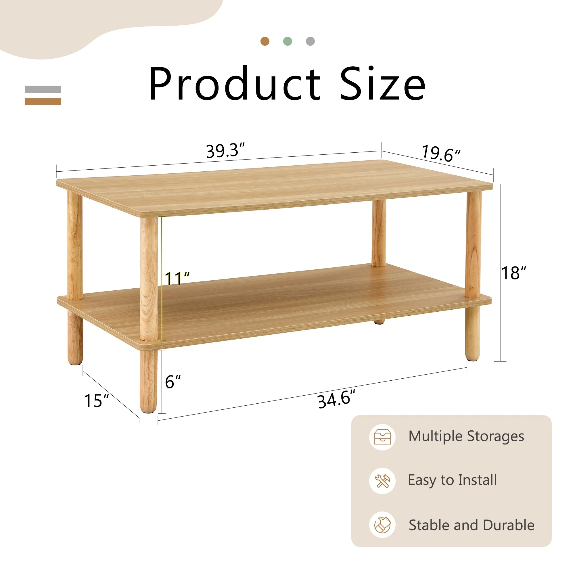 2-Tier Coffee Table for Living Room, End Table with Open Storage Shelf