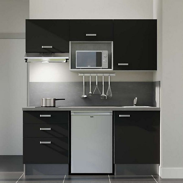 Kitchenette K20 façades Noir - Plan de travail Gris béton - Crédences : Oui - Evier inox - Electroménager Inox inclus