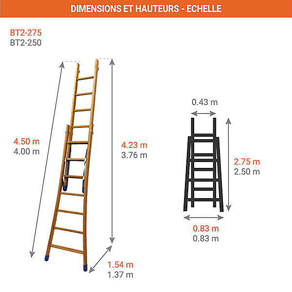 Echelle bois transformable 2x10 barreaux - Hauteur à atteindre 4.23m - BT2-275