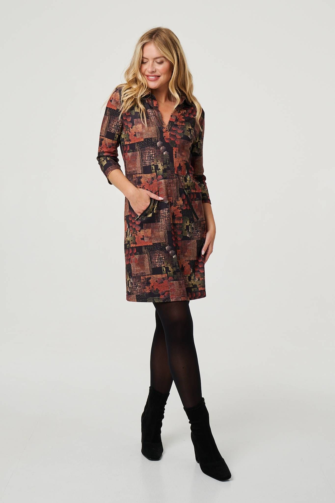 Izabel London Printed 3/4 Sleeve Collared Short Dress