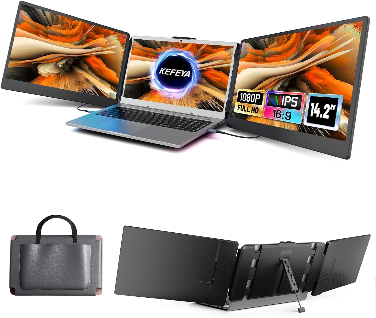 KEFEYA Laptop Screen Extender  14.2 Portable Triple Monitor for Laptop with Full HD IPS Display  Monitor Extender Compatible with Mac  Windows  Chrome  Fits 13-17 Inch Laptops