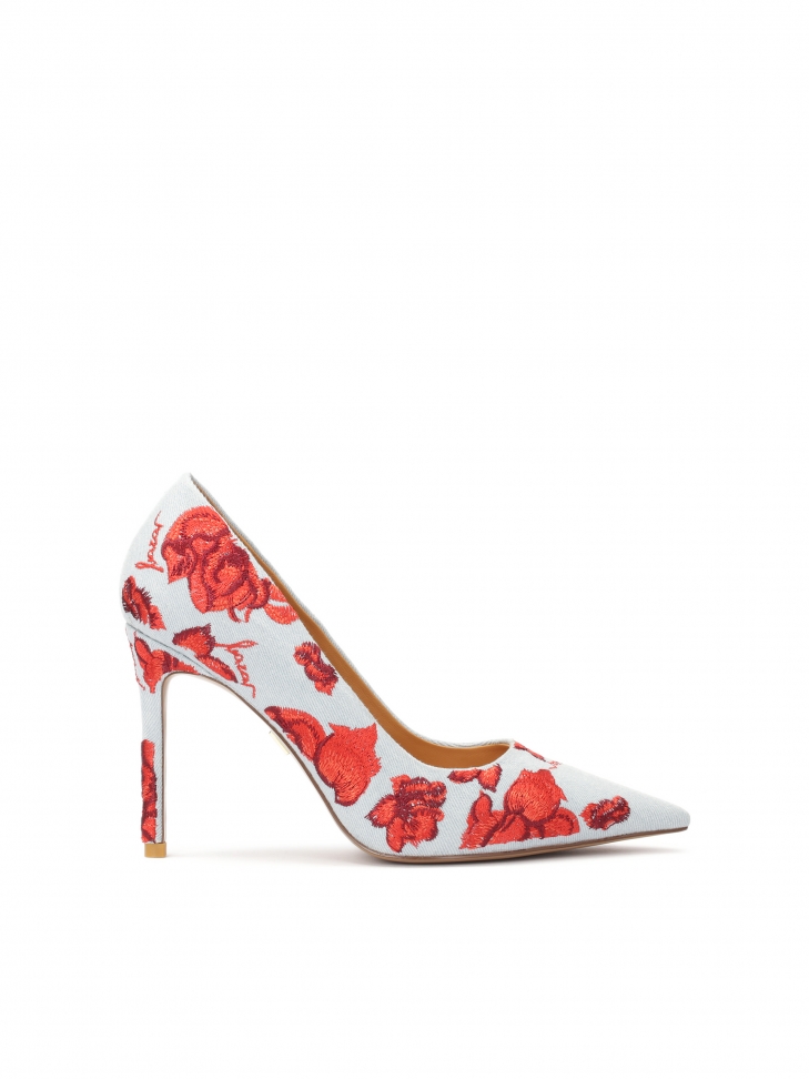 Blue denim pumps with red flowers