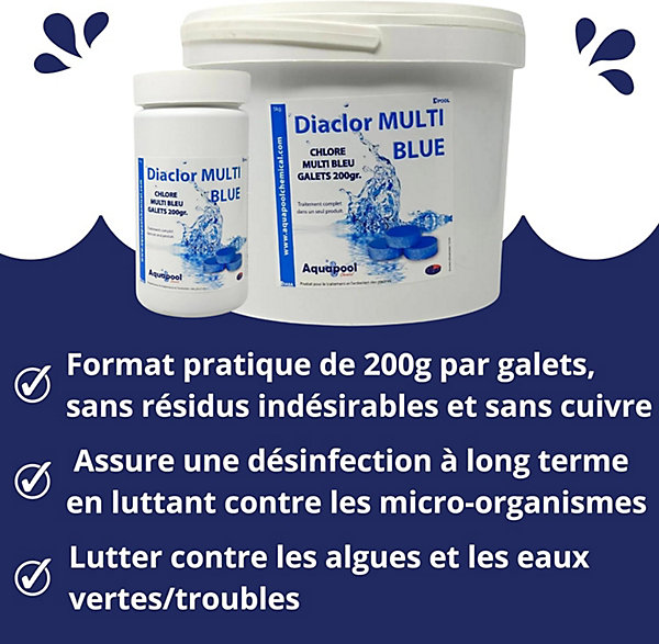 Chlore Multi Blue Galets de 200g MultiFonctions - Traitement tout-en-un - Désinfectant, Algicide, Stabilisant, Clarifiant 1KG