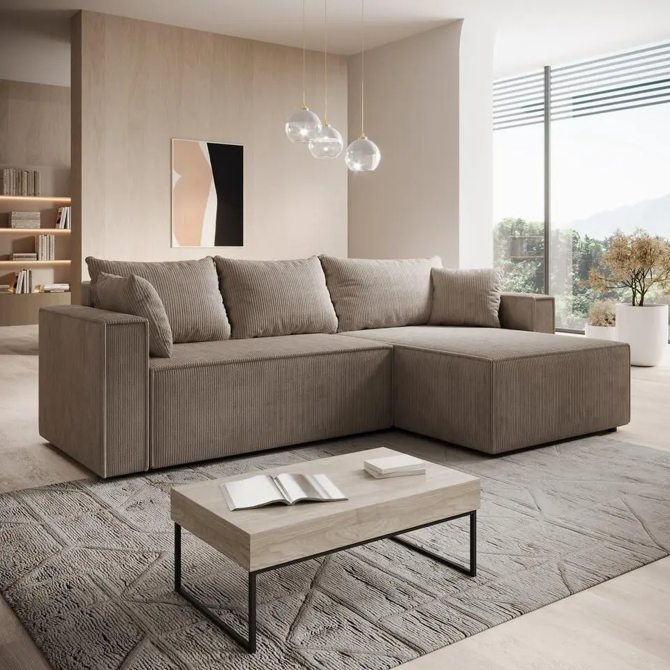 Meubella - Hoekbank Lawrence - Bruin - Ribstof - Rechts