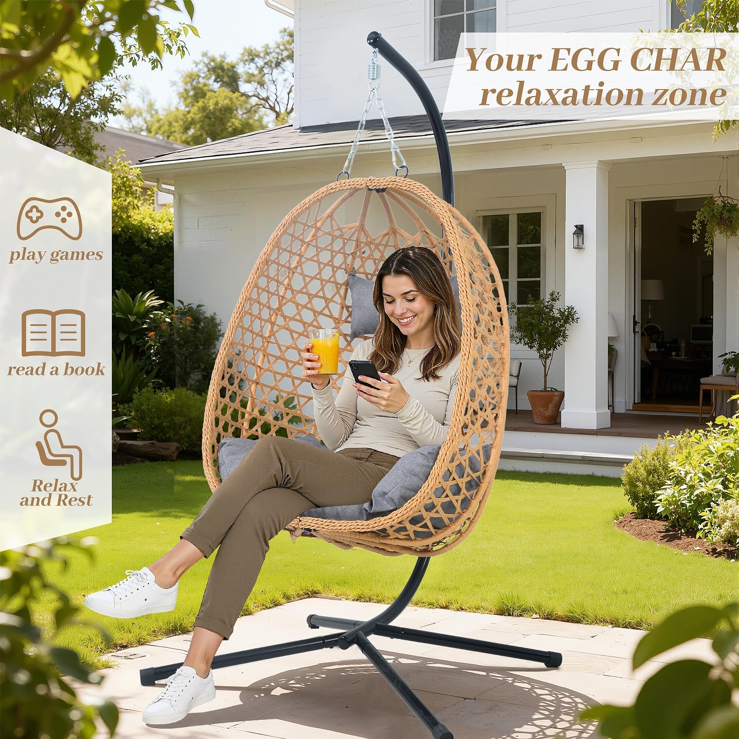 EortheX Hanging Egg Chair with Cushions – Comfortable Rattan Swing Chair with Stand for Patio, Garden, or Balcony – Stylish and Relaxing Outdoor Lounge Chair, 350LBS Capacity Indoor Outdoor