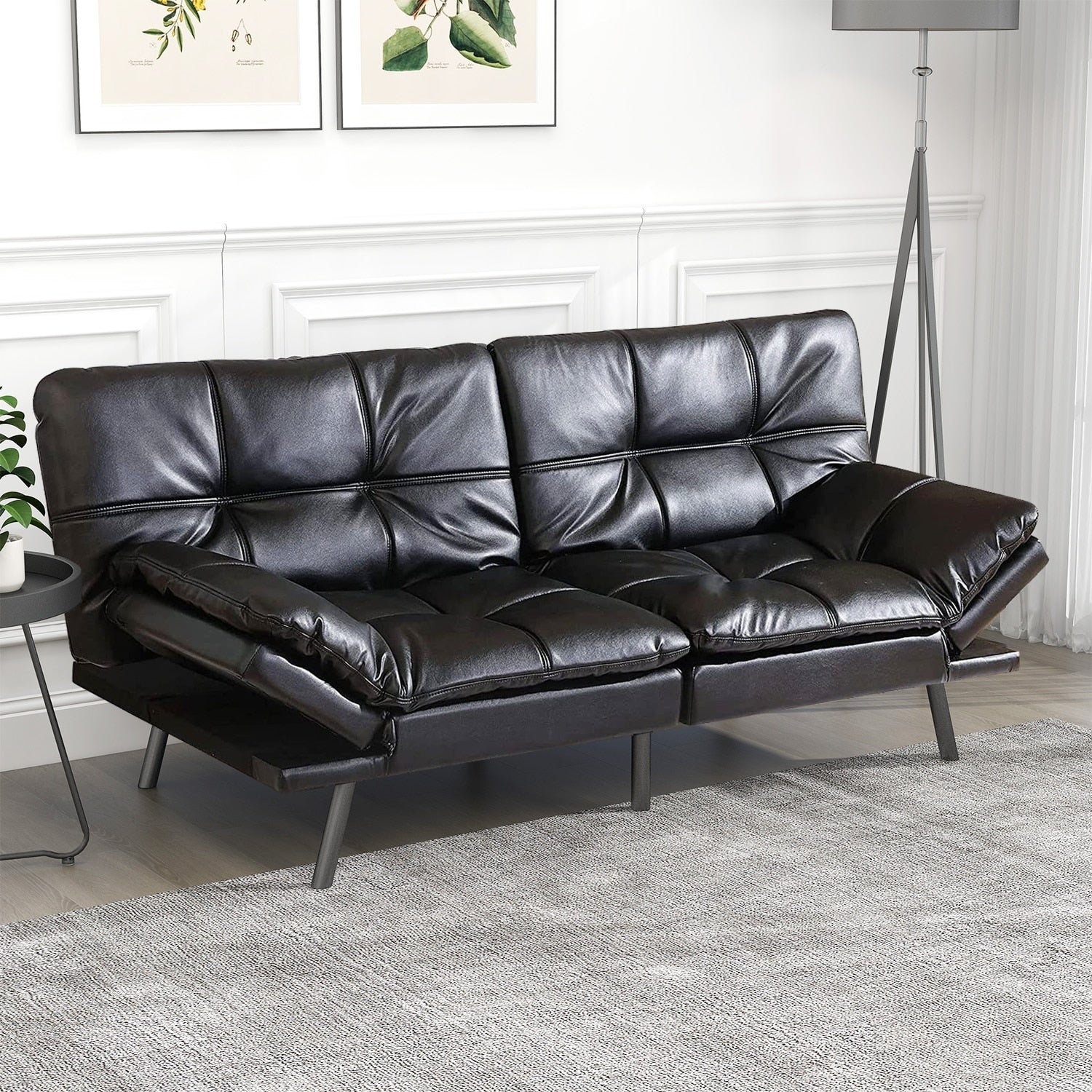 Modern Faux Leather Futon with Memory Foam and Adjustable Armrests.