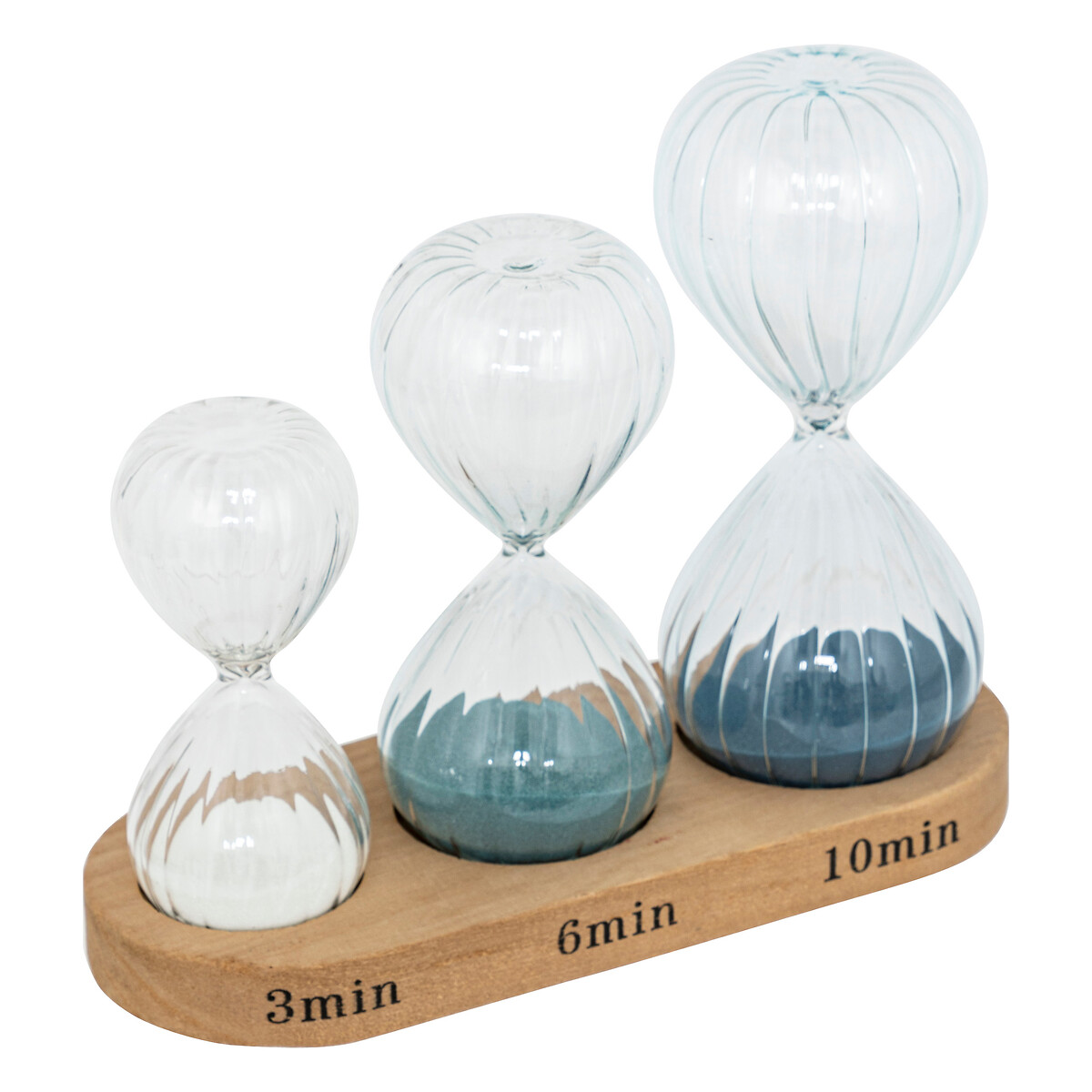 Set of 3 hourglasses with wooden stand Glass, H.10/12/14 cm