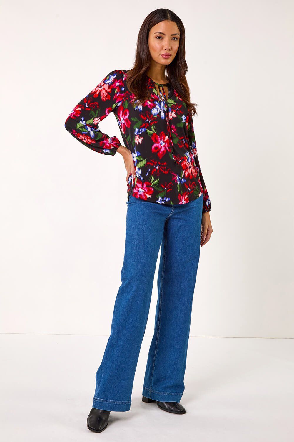 Roman Floral Print Tie Neck Stretch Top