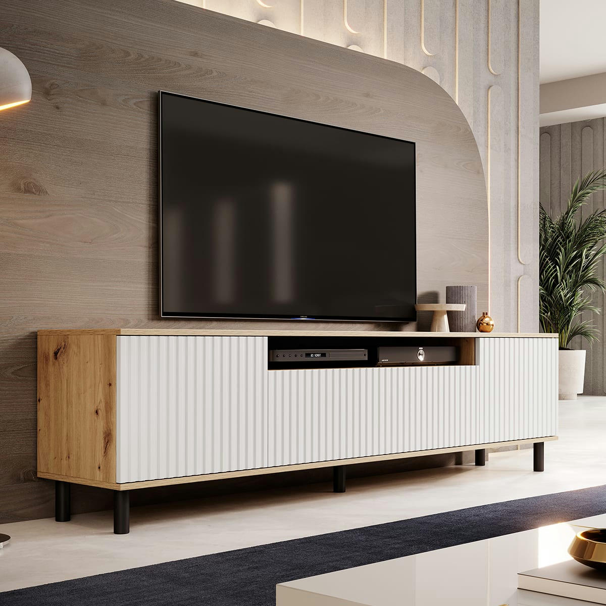 - Meuble TV 3 portes 200 cm stratifiés, métal naturel et blanc