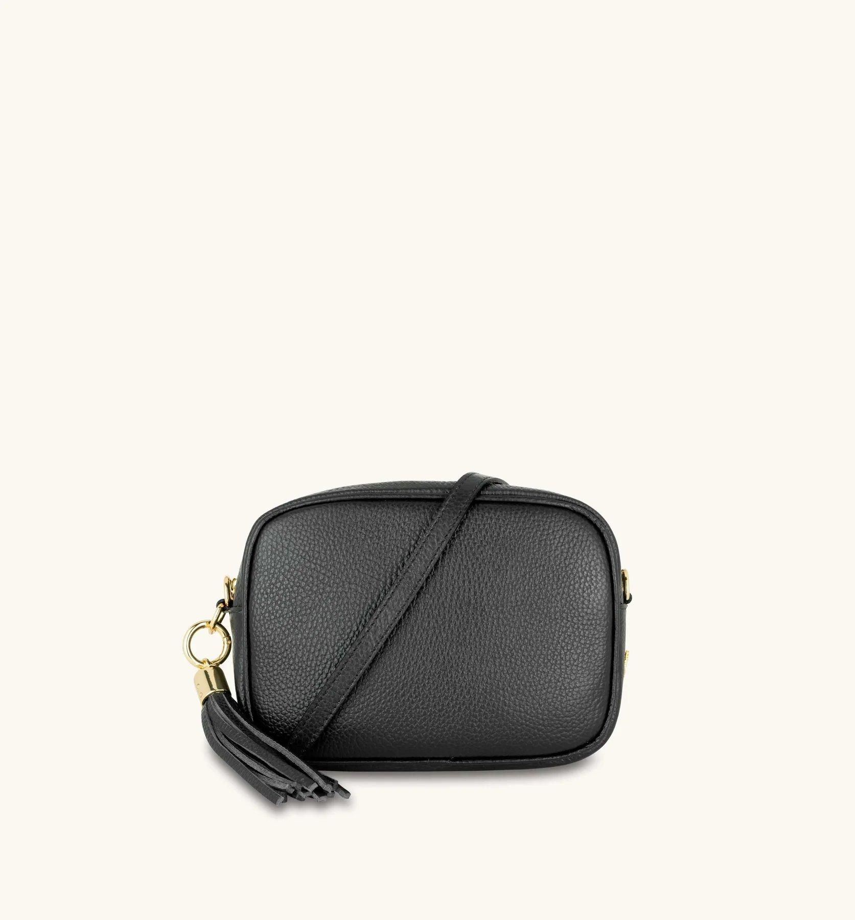 Apatchy London Black Leather Crossbody Bag With Black & Stone Maze Strap