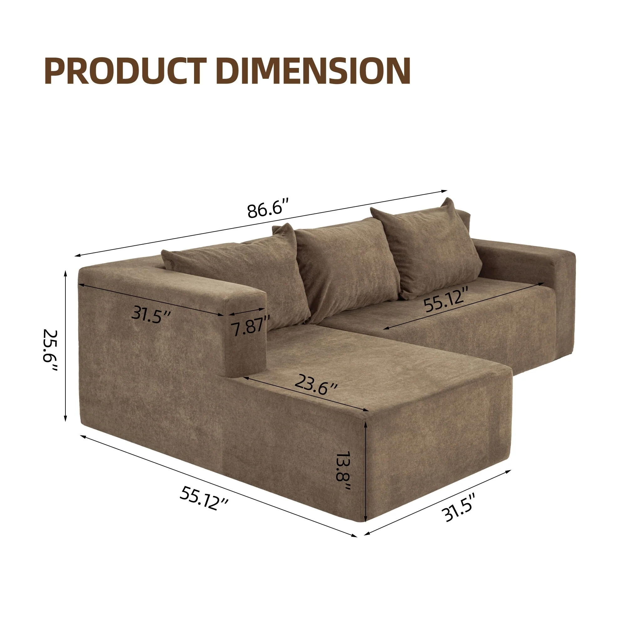 Brown 86.6'' Spacious L-Shaped 3-Seater Sectional Sofa with Movable Footrests and Detachable Cushions for Easy Maintenance