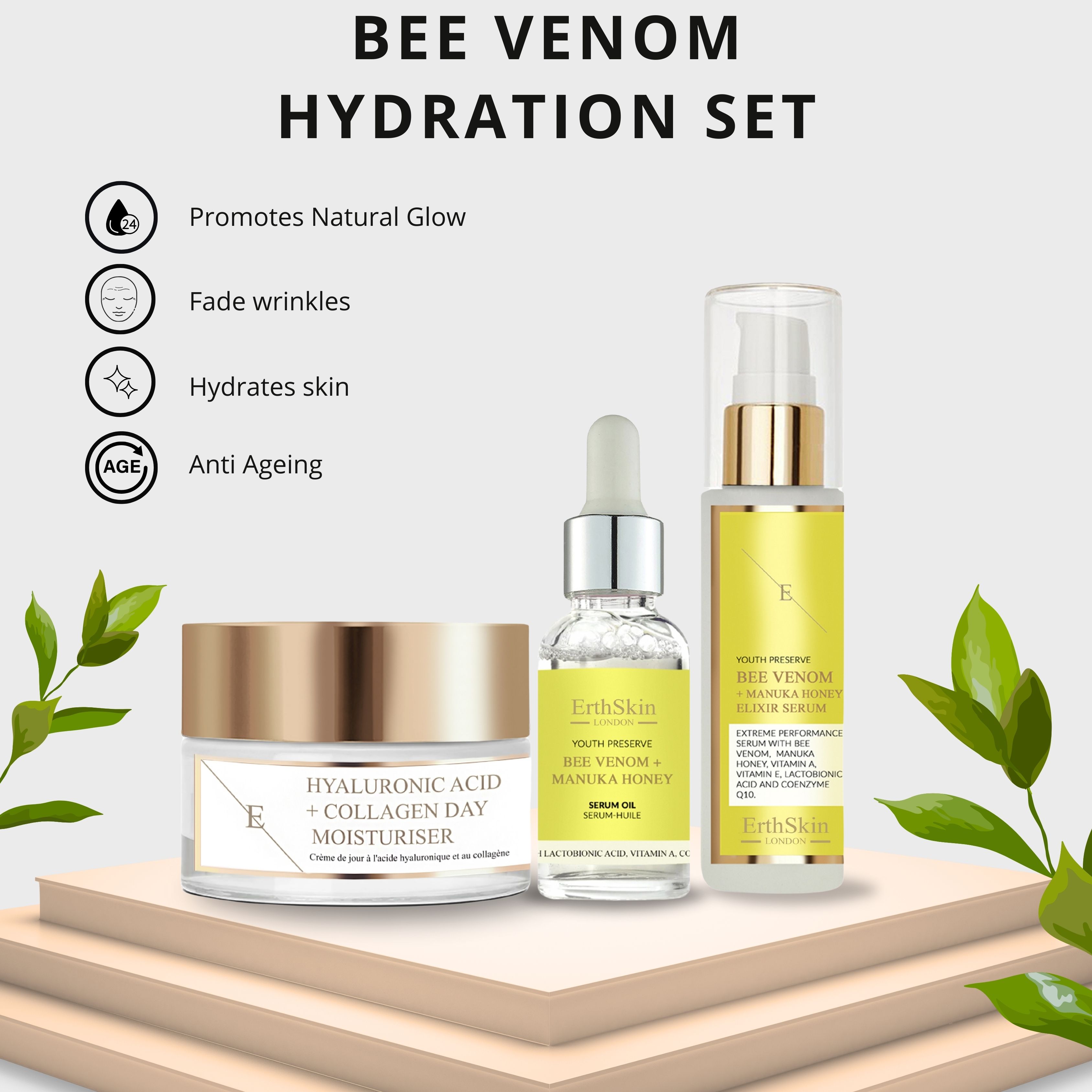 Erth Skin London Hyaluronic acid Collagen Cream 50ml   Bee Venom Serum 60ml & Oil 30ml