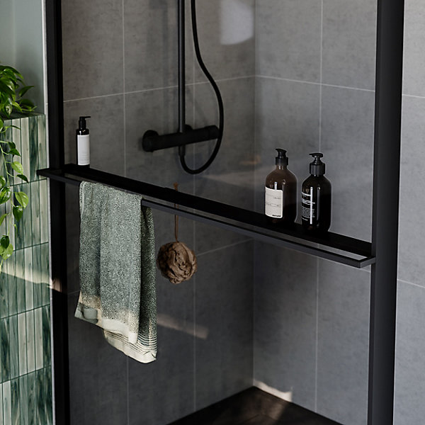 Paroi de douche à l'italienne l.120 x H.195 cm, verre fumé, profilés noir, GoodHome Evanna   barre fixe