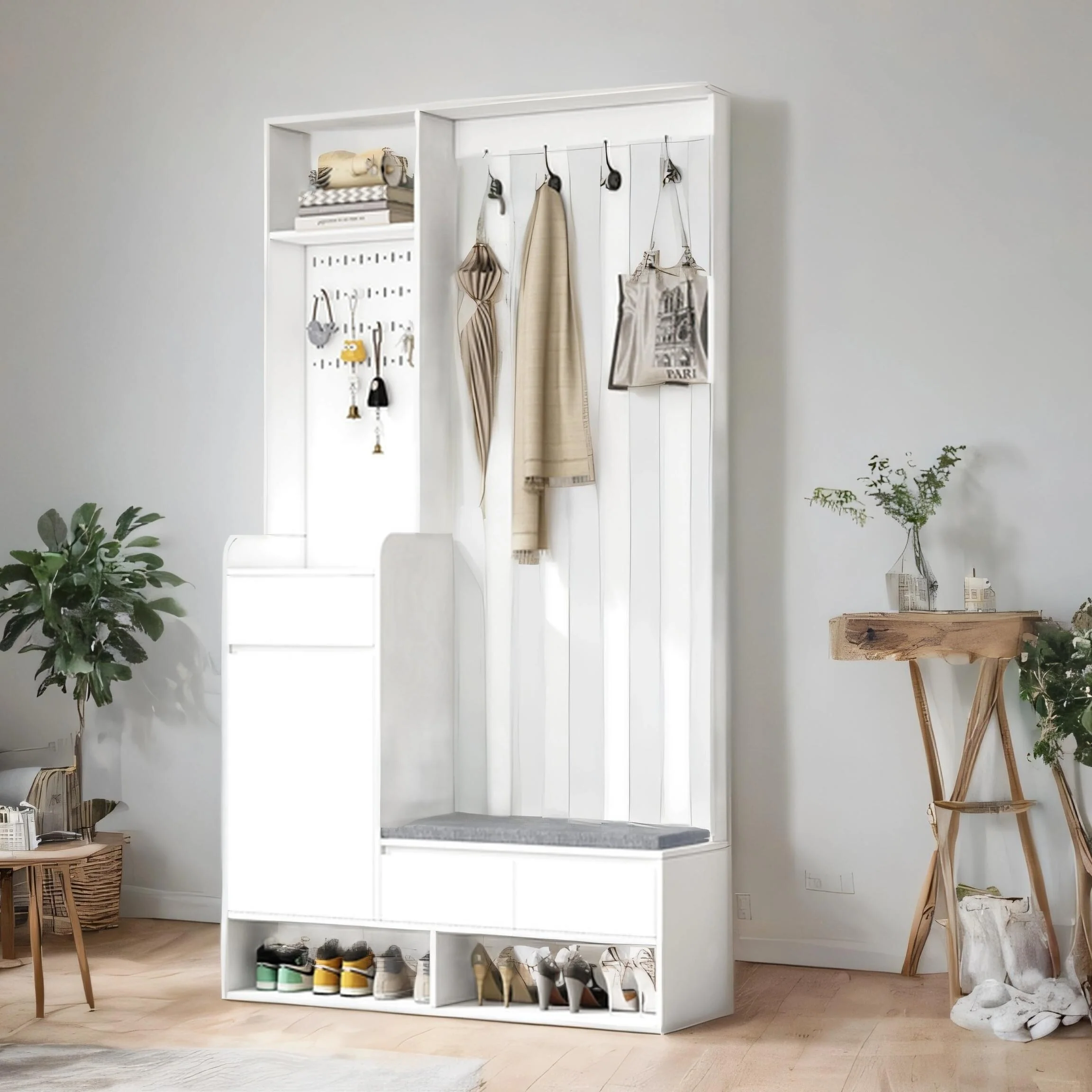 Entryway Coat Rack with Cushioned Storage Bench,4 Hooks and Pegboard