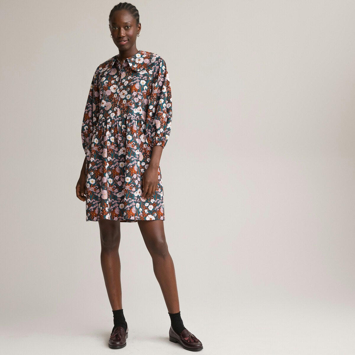 Robe courte col Claudine, imprimé fleurs