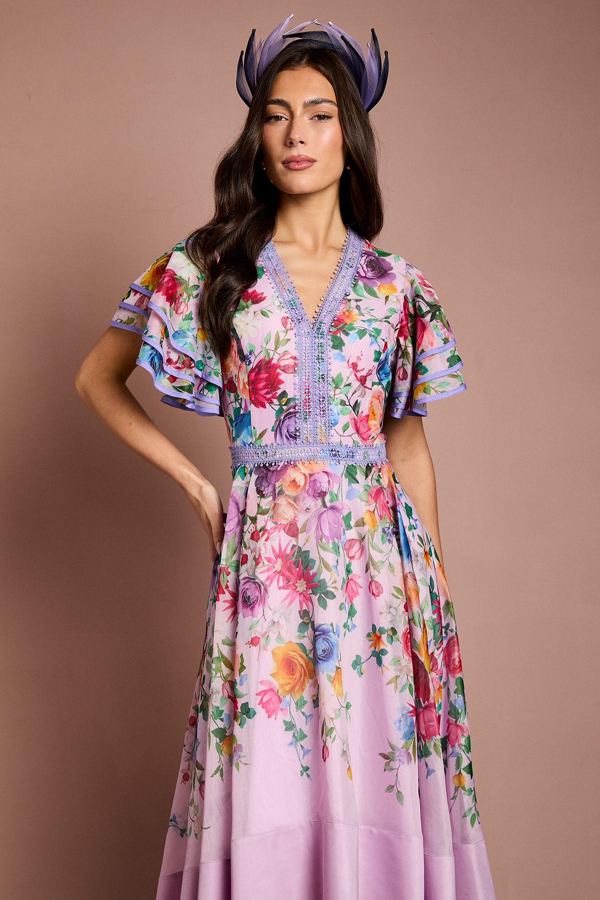 Coast Lisa Tan Statement Shoulder High Low Printed Midi Dress