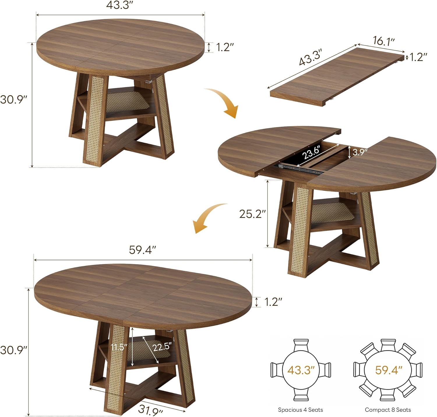 LIKIMIO 43-59 Extendable Round Dining Table for 4-8, Transformer Oval Dining Room Table with Removable Leaves Space Saving, Wood Base Kitchen Table with Storage Shelf for Living Room, Walnut