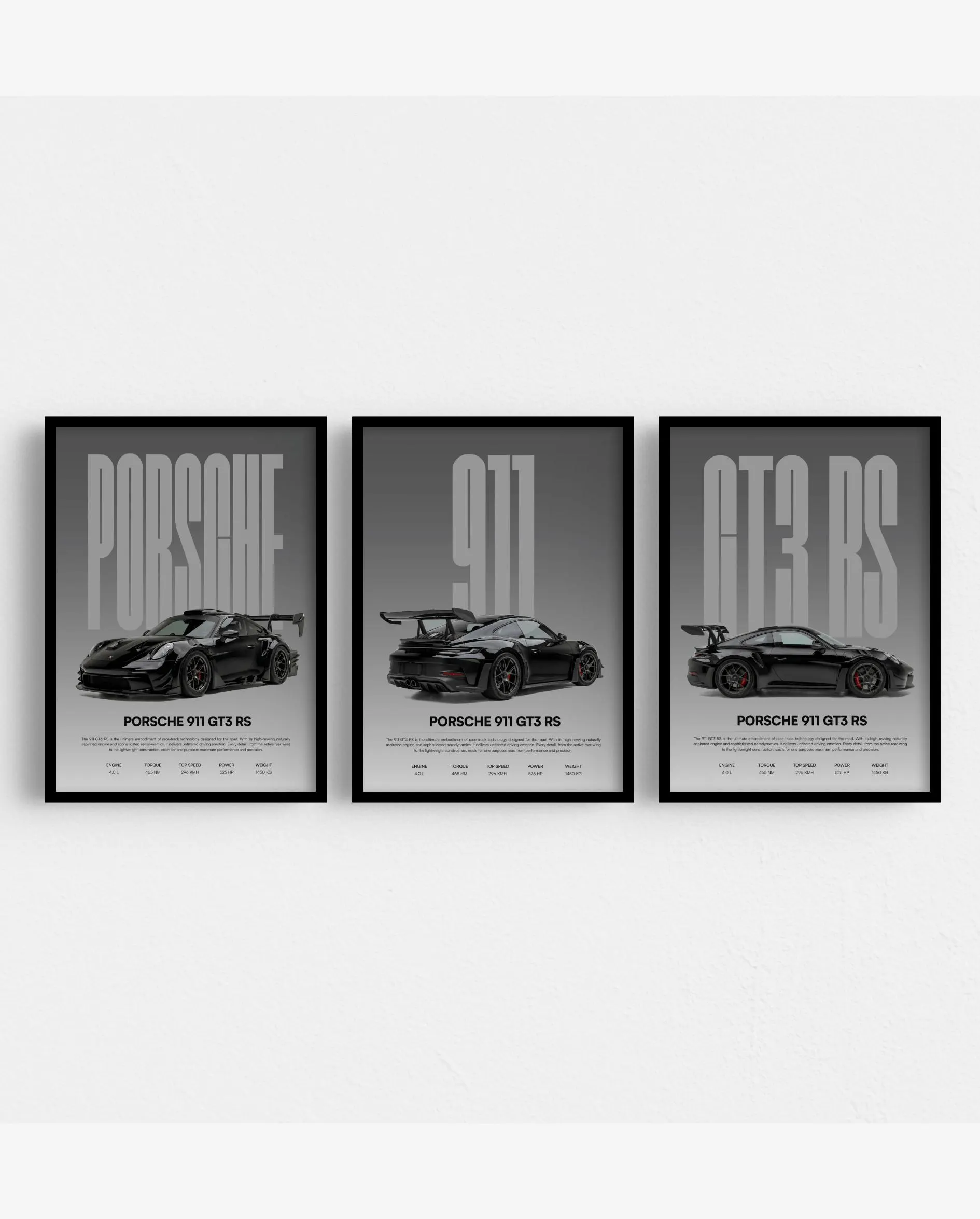 Set of 3 Porsche GT3 RS Posters – Supercar Wall Art & Racing Car Decor