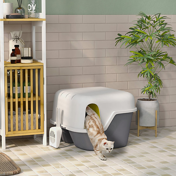 Bac à litière chat semi-fermé - couvercle supérieur verrouillable ouvrable, pelle - 50 x 50 x 39 cm - PP crème