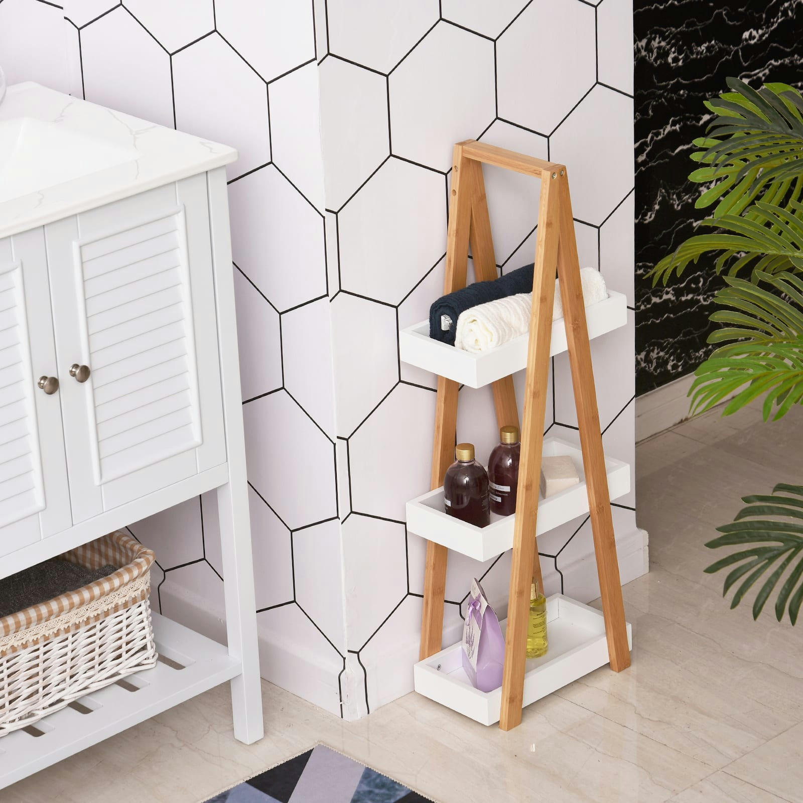 - Etagère salle de bain bambou 3 paniers