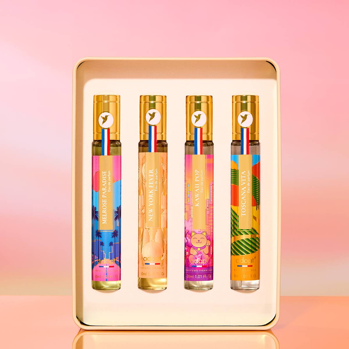 Les VoyagesCoffret métal 4 eaux de parfums Melrose Paradise 30 ml   New York Fever 30 ml   Kawaii Pop 30 ml   Toscana Vita 30 ml