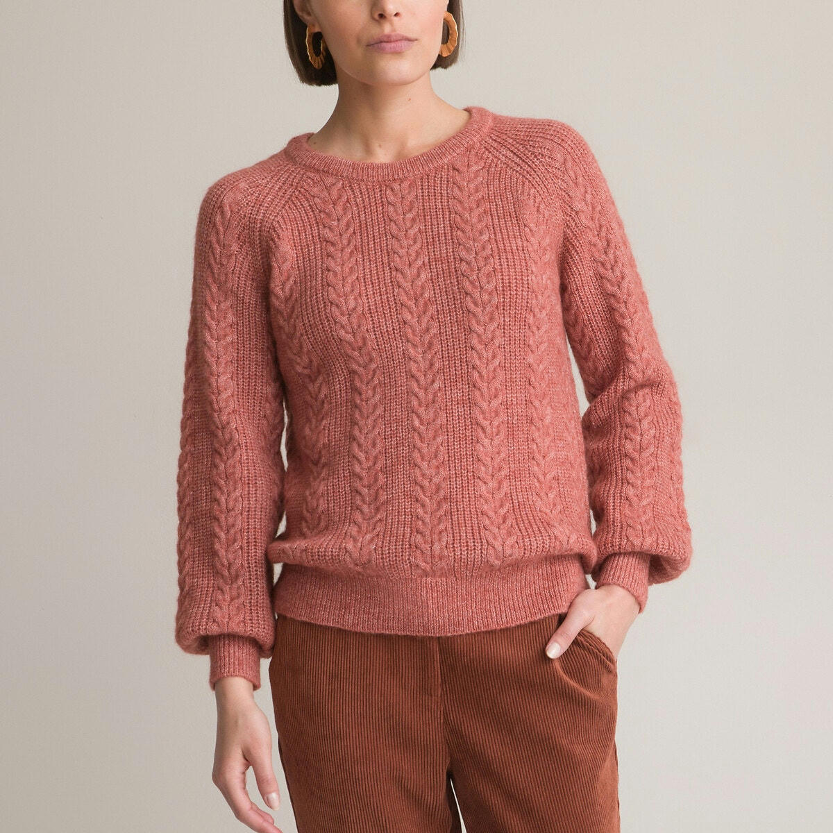 Pull col rond, maille torsadée, mohair mélangé