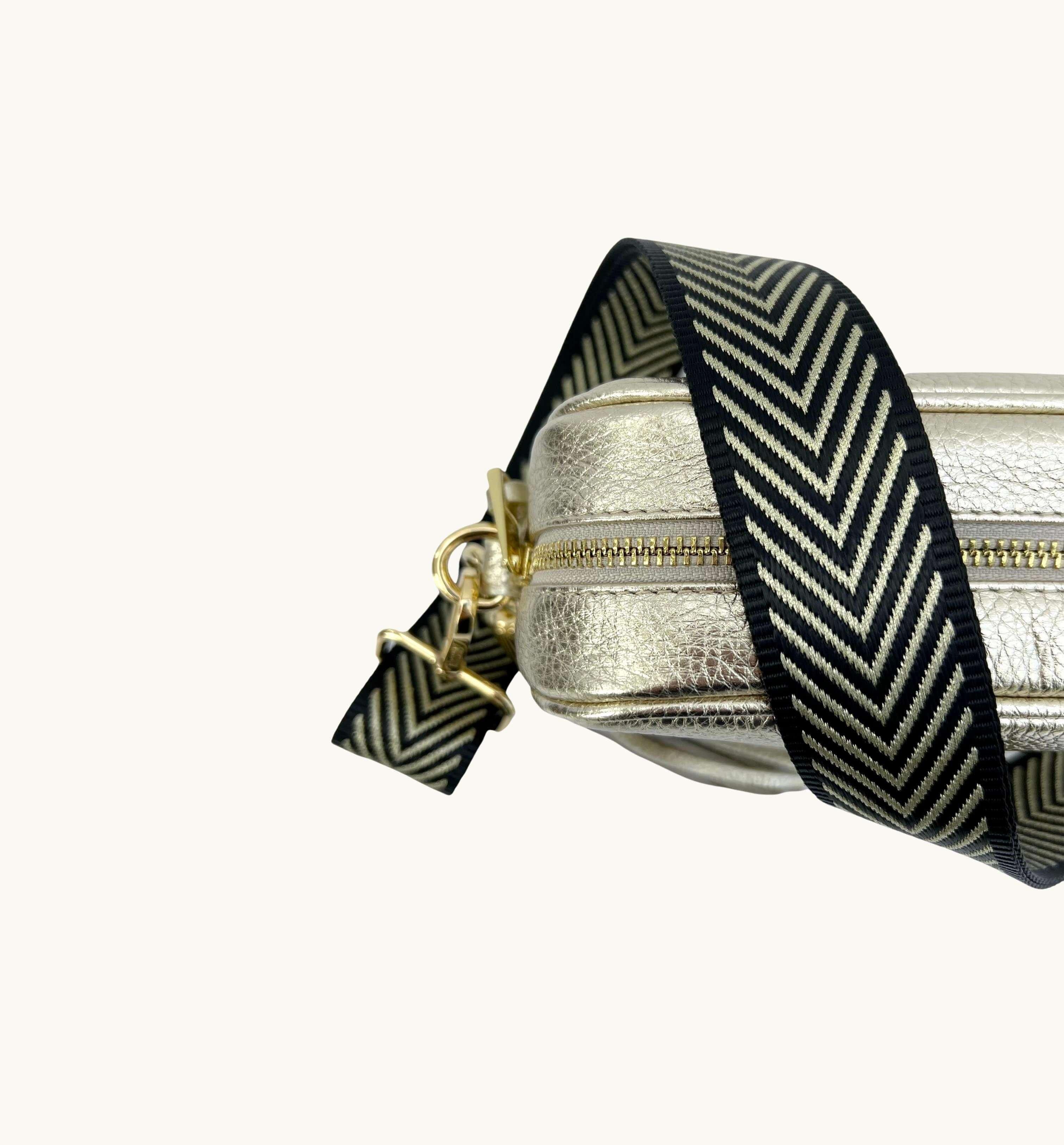 Apatchy London Gold Leather Crossbody Bag With Black & Gold Chevron Strap