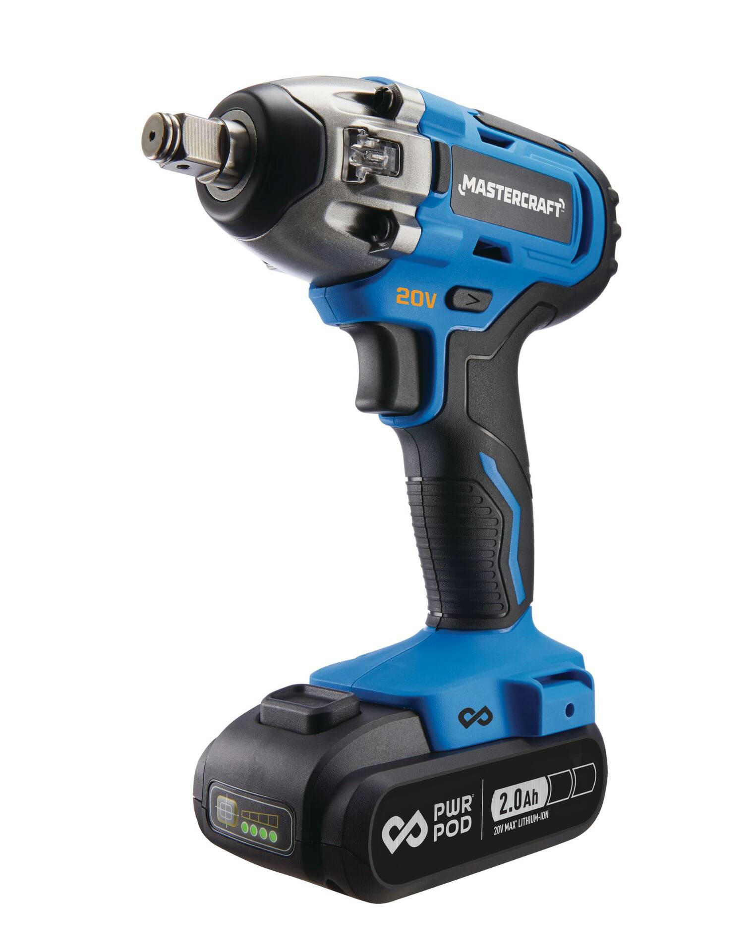 Mastercraft 20V Max Lithium-Ion 1/2-in Cordless Impact Wrench with PWR POD 2.0 Ah Battery, Charger & Case