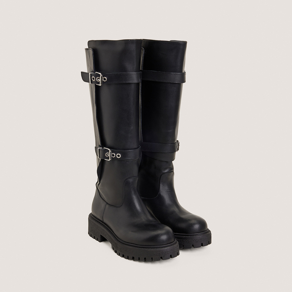Bottes à boucles ajustablesen cuir noir | REBECCA