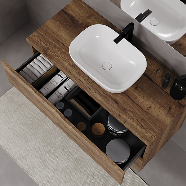Meuble de salle de bain 100cm avec plateau et vasque à poser zeus - 2 tiroirs - sans miroir - tabaco (chêne foncé) - LUNA