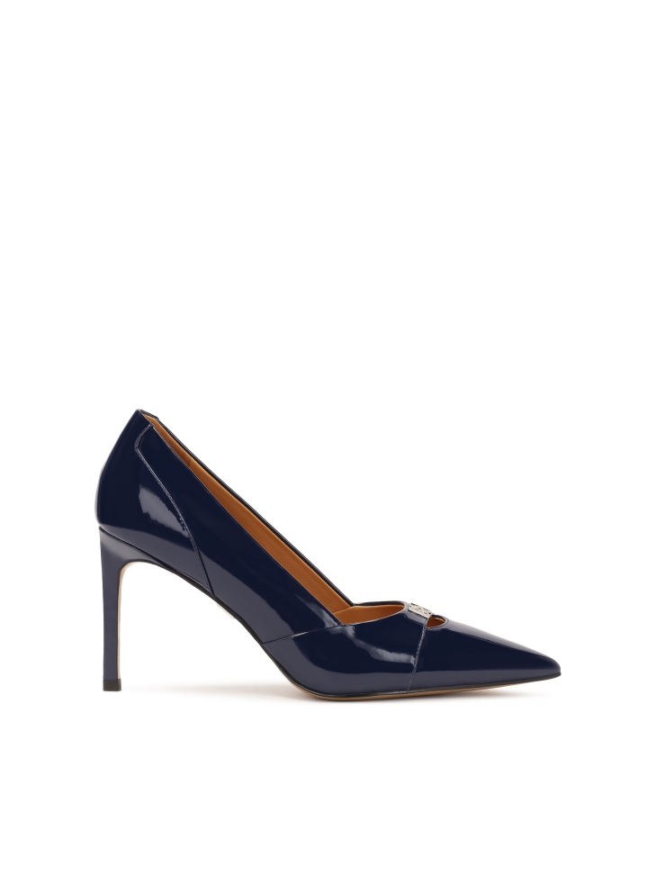 Patent leather navy blue heeled pumps