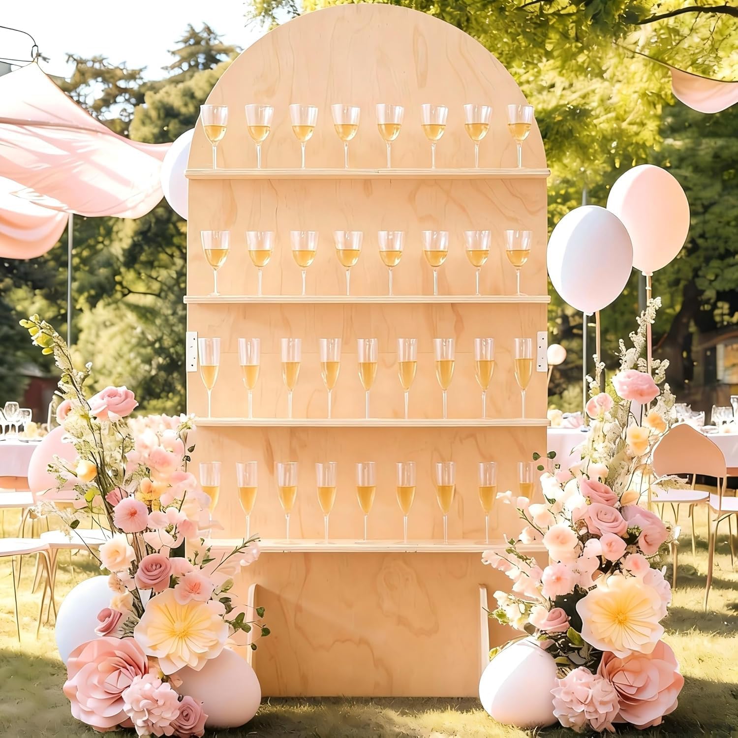 5.9 ft 4-Tier Champagne Wall Holder, Wooden Champagne Wall Holds 32 Flutes, Foldable Champagne Wall Display with Hinged Design for Wedding (Mortise & Tenon Version)