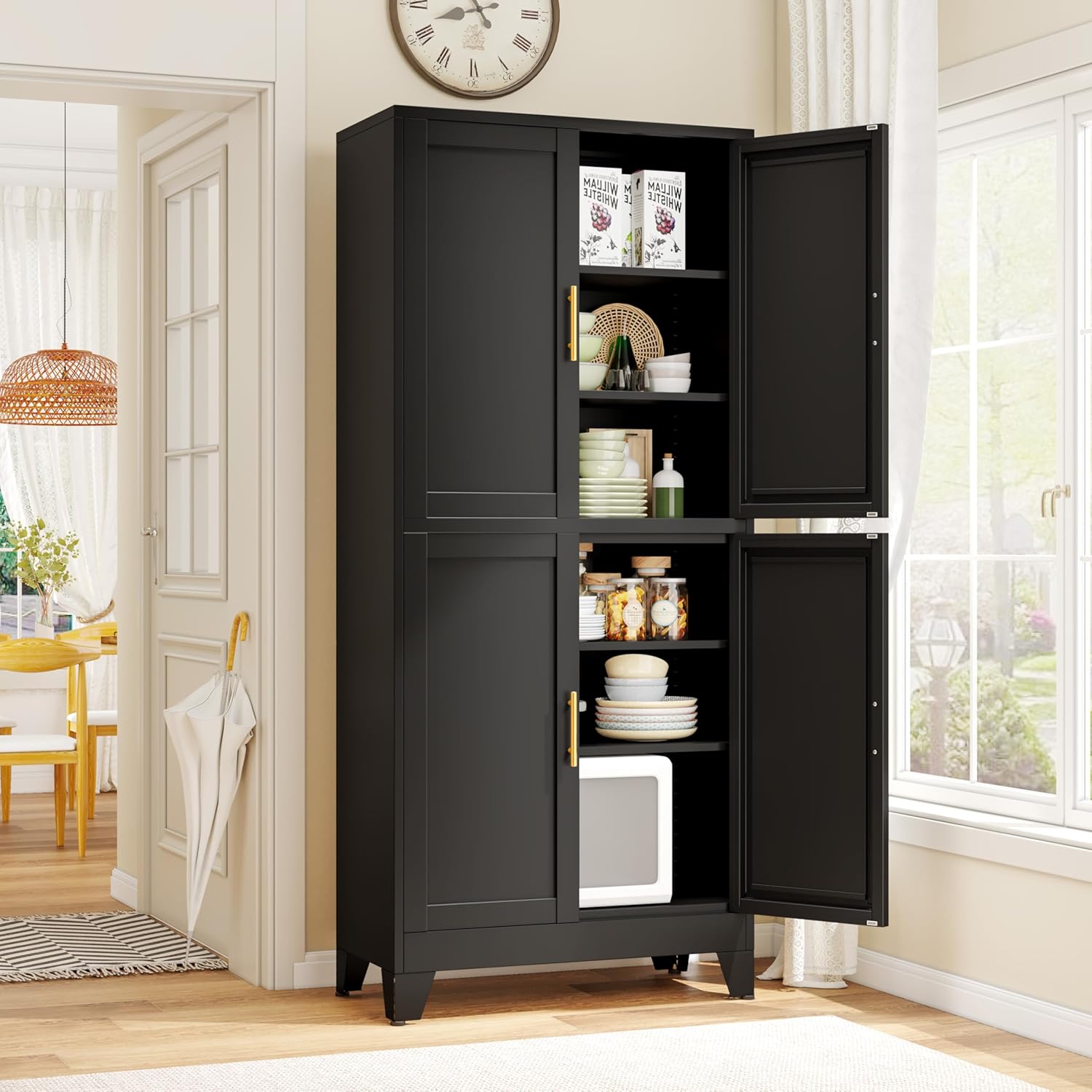 GAIOUS 75.2 Tall Metal Pantry Cabinet, Storage Cabinets with 4 Door and 4 Adjustable Shelves, Black Kitchen Pantry Storage Cabinet, Freestanding Cupboard for Kitchen Dining Room Living Room Bathroom