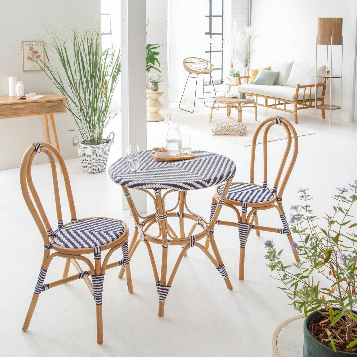 ELYNNE - Table à manger en rotin bleu 71 cm