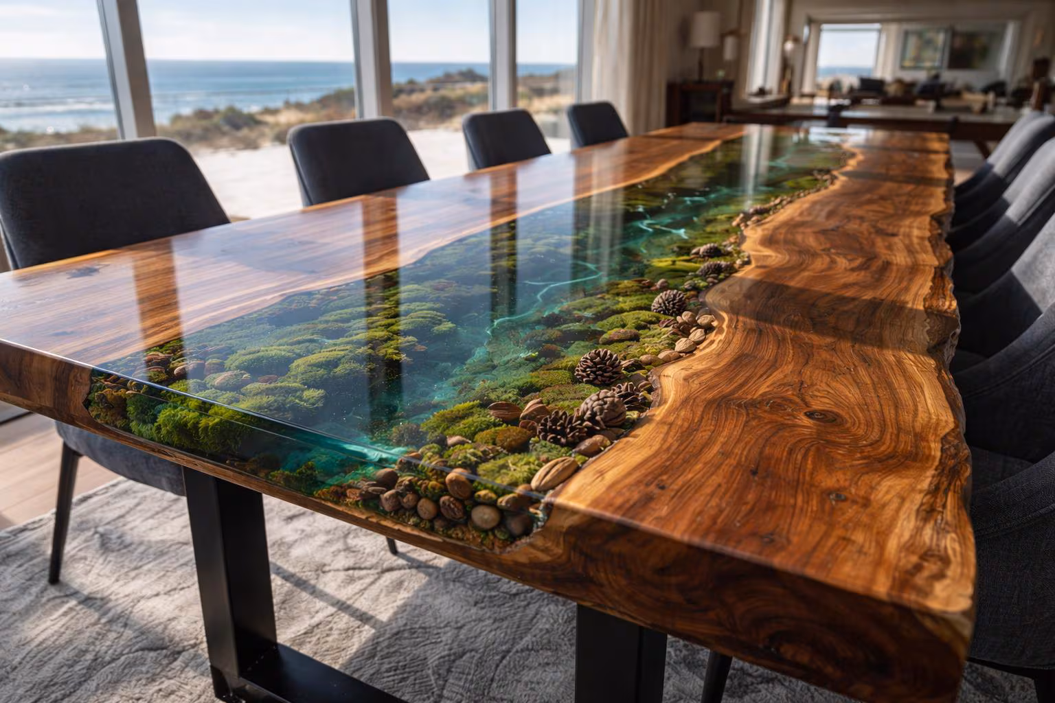Custom USA Handmade Walnut Wood, Epoxy River Dining Table, Luxury Edge Walnut Table, Coastal Wood Furniture, Walnut Live Edge Epoxy Table