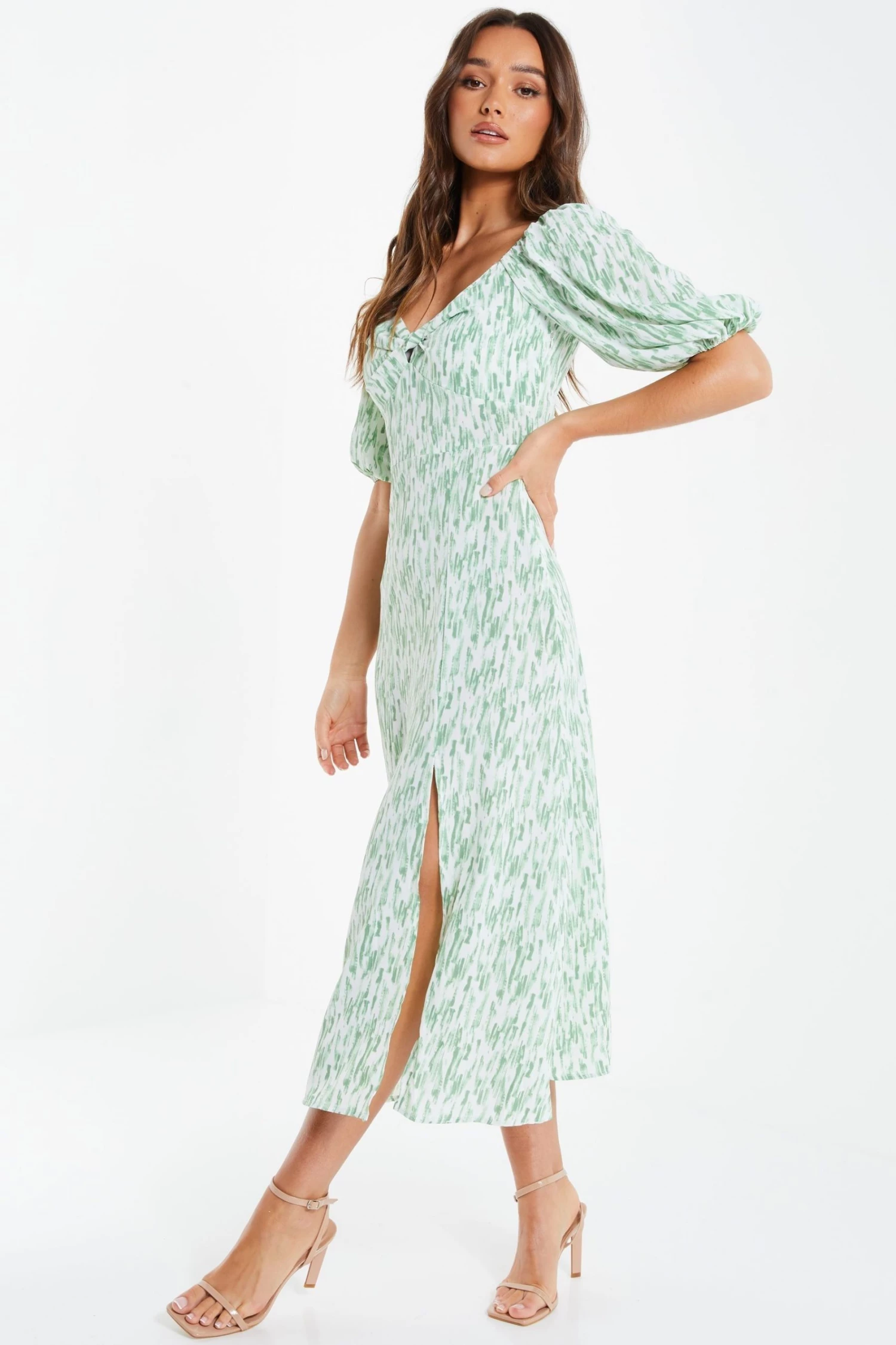 Quiz Green Stripe Print Knot Puff Sleeve Midi Dress