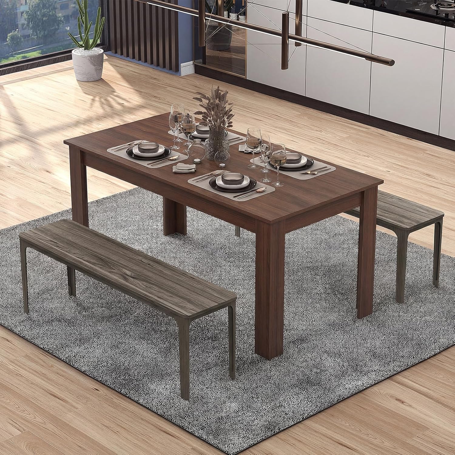 COSTWAY Dining Table for 4-6 People, 63” Rectangular Dining Room Table, Farmhouse Dinette Table with Large Computer Workstation, Modern Kitchen Table for Apartment, Living Room, Restaurant (Walnut)