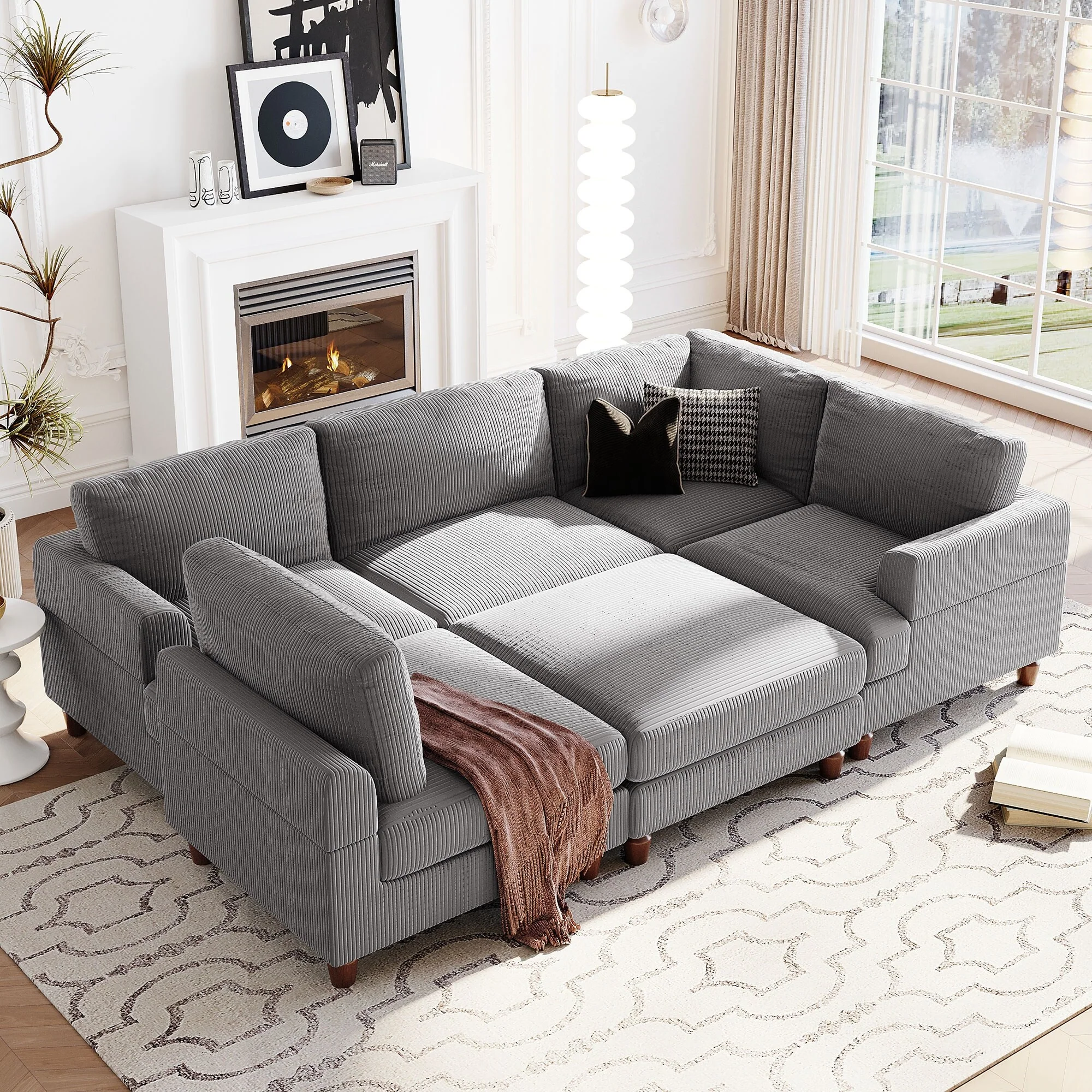 98'' Customizable U-Shaped 6-Seat Modular Sectional Sofa with Ottoman, Durable Corduroy Fabric & Elegant Wooden Legs