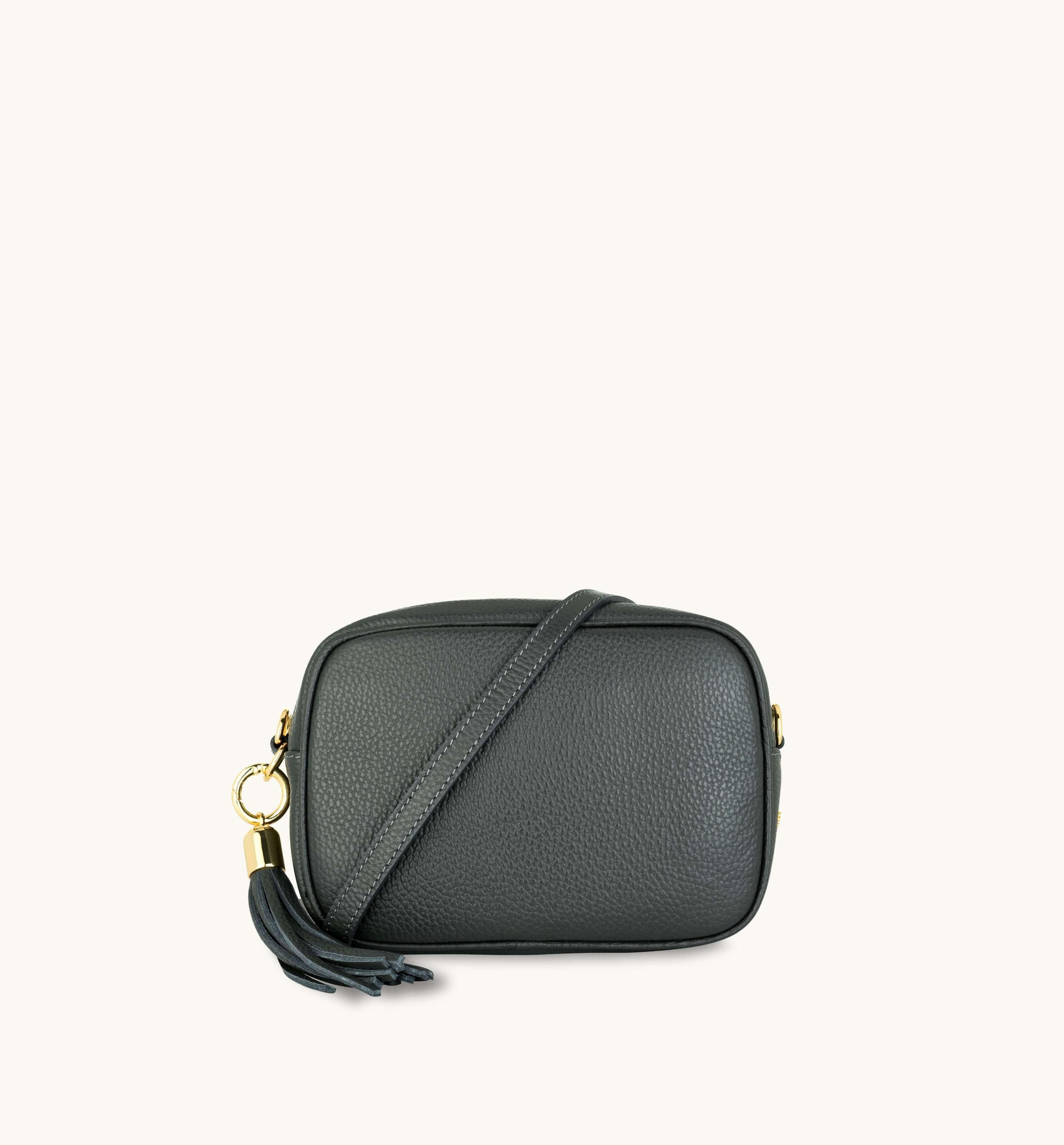 Apatchy London Dark Grey Leather Crossbody Bag With Black & Silver Chevron Strap