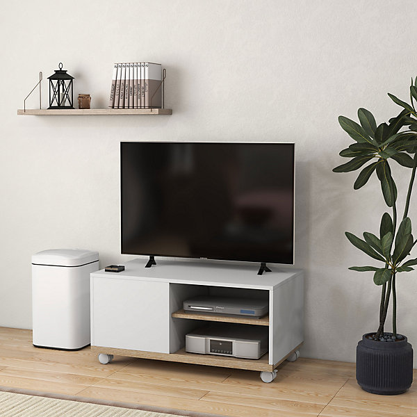 Meuble TV sur roulettes avec 2 freins - 2 niches   placard porte 2 passe-fil - panneaux particules blanc chêne clair