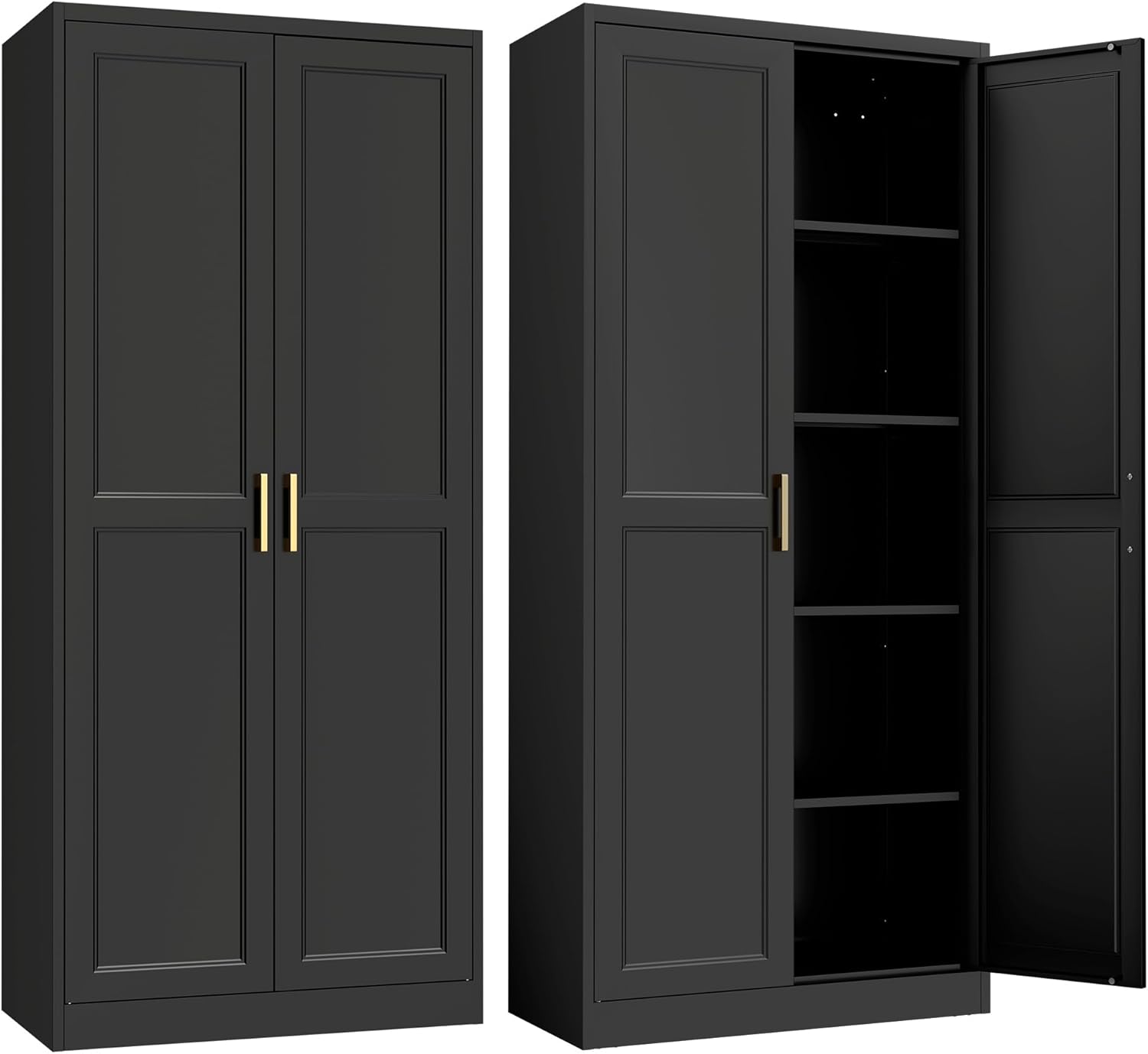 SteeLoong Kitchen Pantry Cabinet,71”Black Metal Pantry Storage Cabinet with Doors and 4 Adjustable Shelves,Kitchen Cabinet with 2 Gold Handles,Tall Cabinet for Livingroom,Pantry, Bathroom
