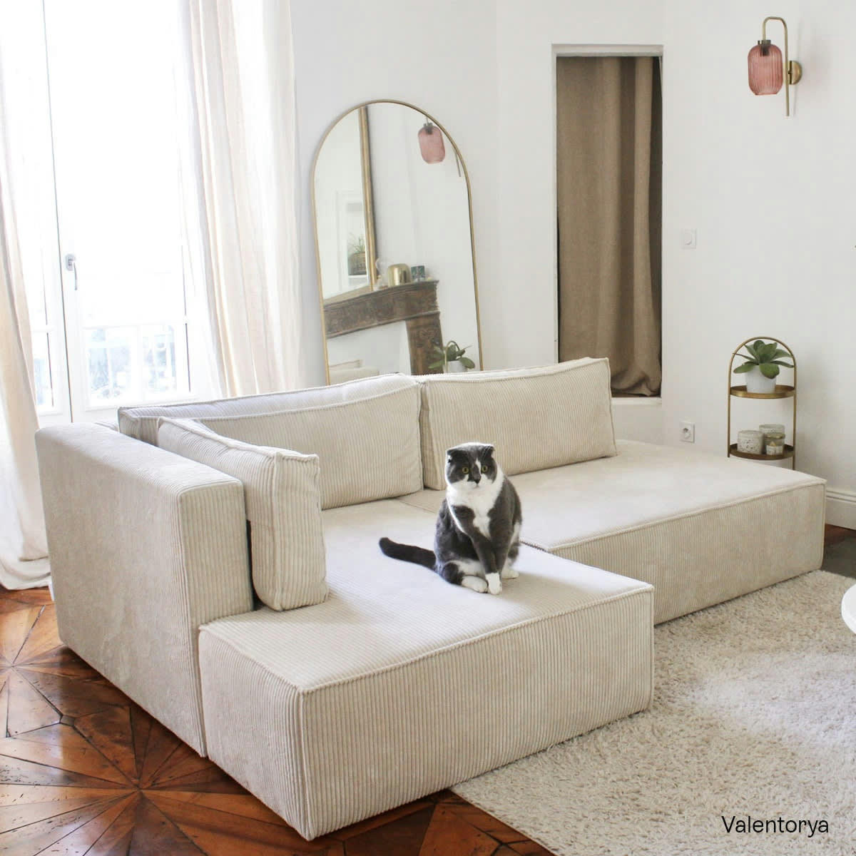 BARANI - Canapé d'angle à gauche convertible 3 places en velours côtelé beige